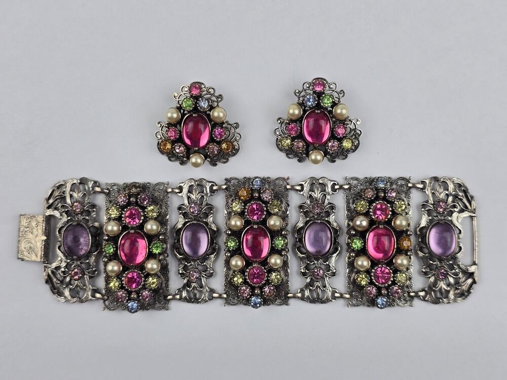 Selro Corp Vintage Cabochon & Rhinestone Panel Link Bracelet & Clip Earring Set